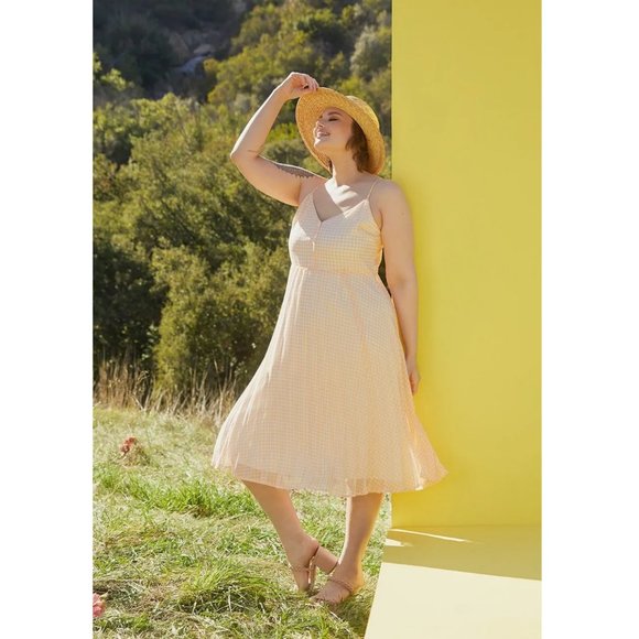 Modcloth Retro Vintage Inspired Midi Dress Plaid Gingham Pleated Cute Summer Sun - Picture 1 of 9